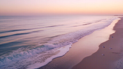 Tranquil Serenity: A Calming Image of Sea Waves Gently Caressing the Shore, Gentle waves are washing up on the beach as the sun sets over a calm ocean, 