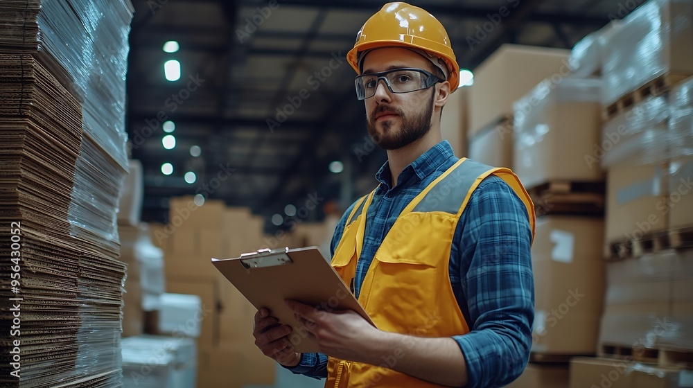 Poster engineer man wearing safety helmet and vest holding clipboard and take note on the paper in the auto