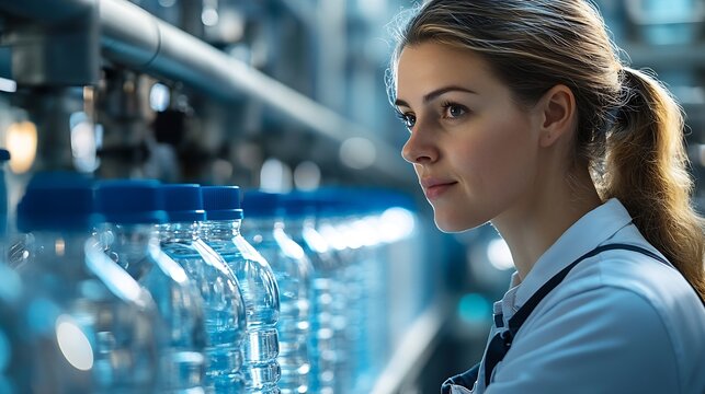 Quality control female factory worker inspecting quality in professional uniform working of drinking water bottling plant or drinking Water production plantsentence : Generative AI