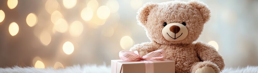 Cute Teddy Bear with Gift Box Against Festive Bokeh Background, Perfect for Holiday and Celebration Themes