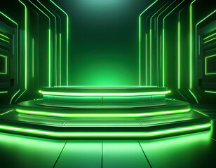 Fototapeta premium Technological Studio Background with Neon Panels in green Colors. Futuristic Podium for Product Presentation 