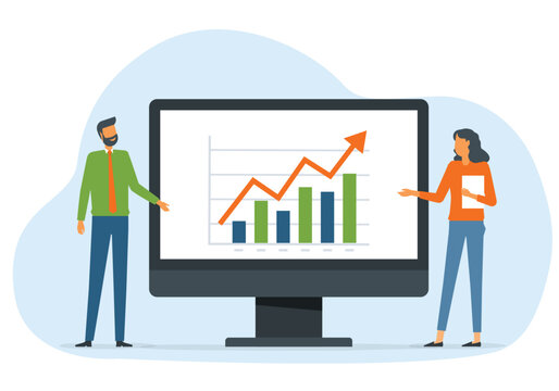 business finance investment. marketing team analytics report graph on computer . business people meeting and working concept. flat illustration cartoon character design 
