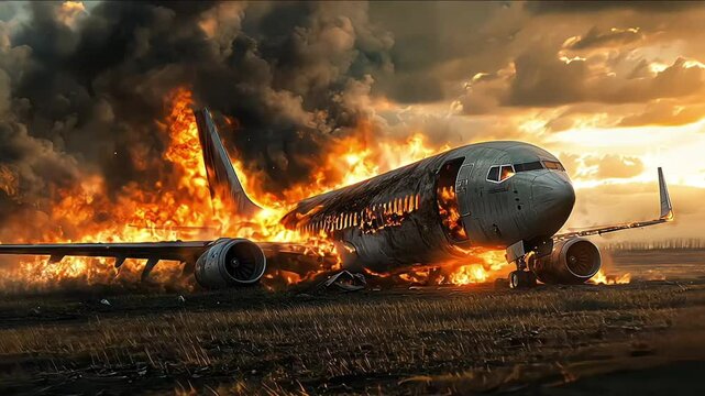 A passenger plane crashed and caught fire in a field, copy space. Concept of airplane crash, crash