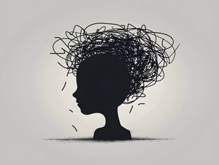 A silhouette of a person's head with a chaotic swirl of lines around it, representing stress, anxiety, or overwhelm.
