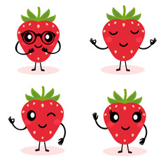 Cute set of cartoon strawberries. Cute strawberries are smiling. Simple vector illustration in flat style.
