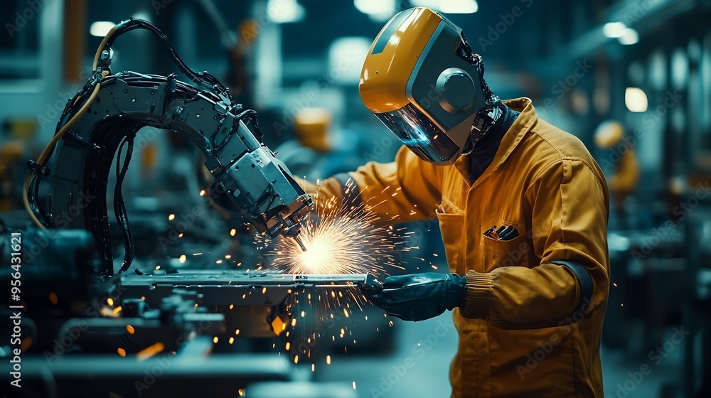 Poster Engineer team service robot welding working in automation factory People worker in safety suit work robotic arm software programming or replacing part in automated manufacturing indust : Generative AI
