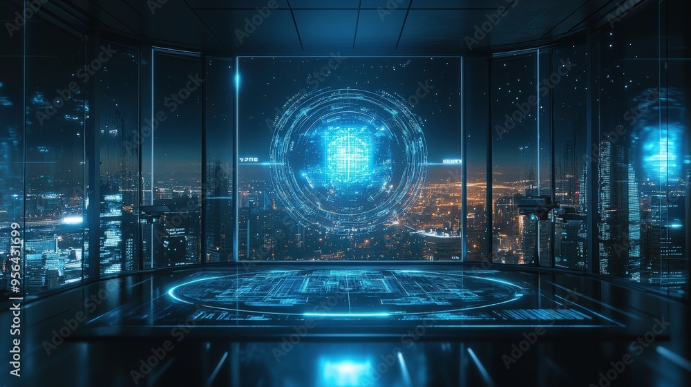 Poster an advanced ai system is presented in a high-tech workspace featuring glowing holographic data proje