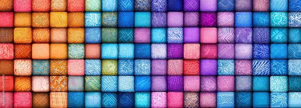 Poster a vibrant collection of textured squares in various colors, creating an eye-catching mosaic pattern 