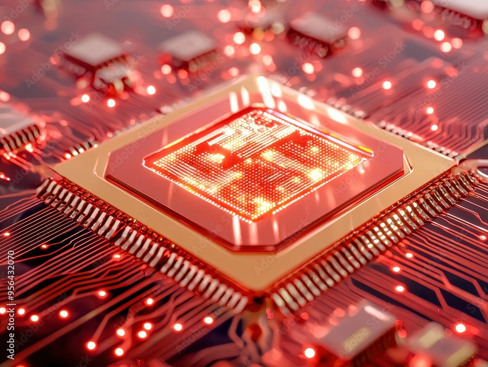 Poster close-up of a glowing microchip with intricate circuitry design, showcasing advanced technology and 