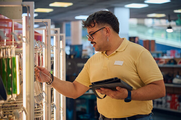 Employee reviewing inventory in a retail store during a busy afternoon shift