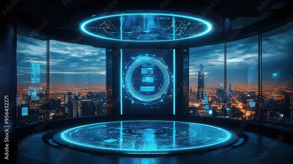 Poster an advanced ai system displays intricate data visuals inside a sleek, illuminated control room overl