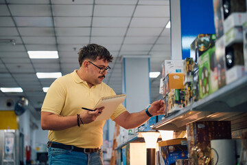 Employee reviewing merchandise on a retail shelf during the afternoon at a store, taking notes for inventory management tasks