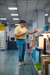 Fototapeta premium Employee reviewing inventory while walking through a retail store aisle during daylight hours