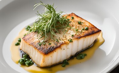 Pan seared halibut, a tender flaky white fish seasoned perfectly and seared to golden-brown perfection, offering a delicate buttery flavor with a crispy crust.