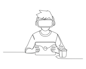 A person wearing virtual reality goggles, holding a tablet in one hand and a cup in the other, seated at a table or desk, engaging with both devices. Continuous line drawing style for technology theme