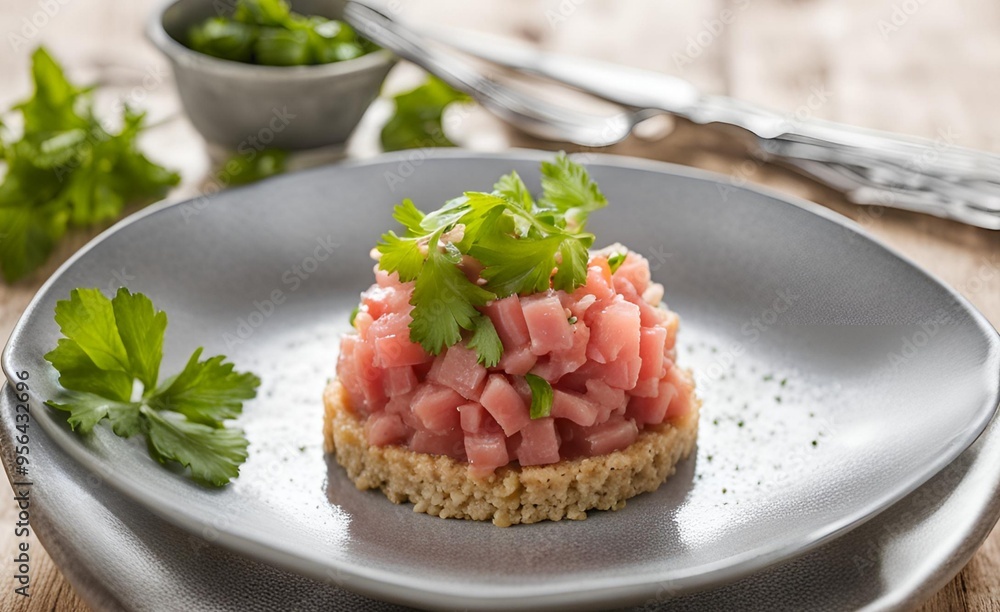 Wall mural Tuna tartare served with creamy risotto, combining the fresh, delicate flavors of finely diced tuna with the rich, comforting texture of perfectly cooked risotto.