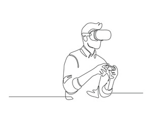A person using virtual reality equipment, wearing a VR headset and holding controllers in both hands. The individual is engaged in an immersive experience. Continuous line drawing style for technology