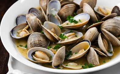 Littleneck clams in a savory white wine sauce with fresh herbs, delivering a juicy succulent seafood experience. A delicious and flavorful dish that's both satisfying and refined.