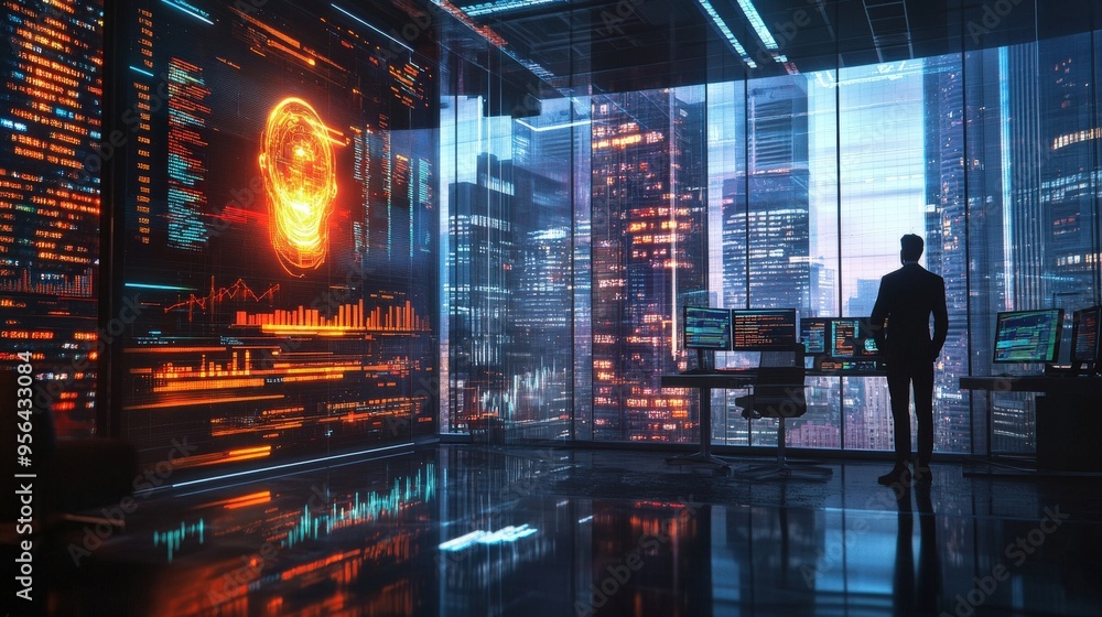 Poster in a futuristic office overlooking a bustling cityscape at dusk, an advanced ai system is visualized