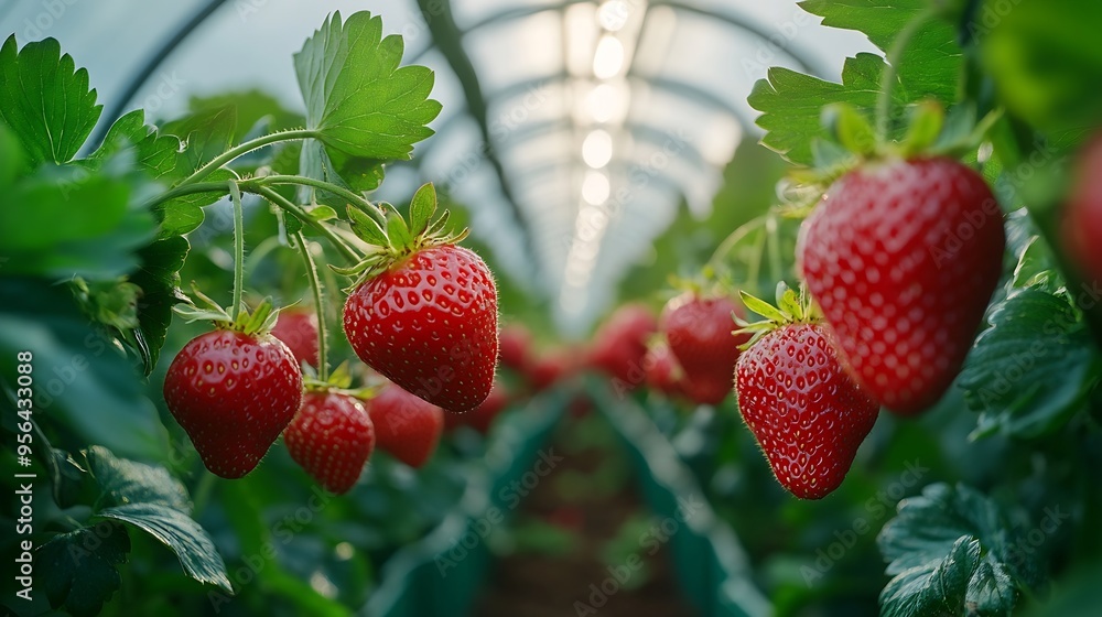 Wall mural Harvesting of fresh ripe big organic red strawberry fruit in own garden Banner with strawberry plants in a planthouse : Generative AI