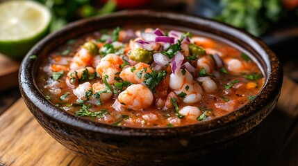 Traditional Mexican seafood Aguachile Mexican seafood food with copy space Mexican seafood on wooden table Traditional Mexican food concept : Generative AI
