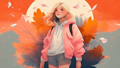  a girl adorned in a pink jacket and gray shorts, adobe firefly created items