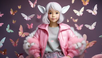 a girl adorned in a pink jacket and gray shorts, adobe firefly created items