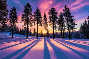 A serene winter landscape at sunset, featuring tall trees and soft snow.