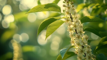 Fototapeta premium Blooming bird cherry plant on a clear spring day Copy space natural background green forest calm and beautiful wild nature : Generative AI
