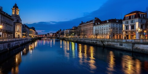 Obraz premium A mesmerizing twilight scene along a calm river reflecting the dazzling lights of the beautifully illuminated buildings and charming architecture along the riverside in a serene blue setting.