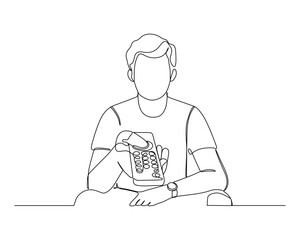 continuous line drawing of a person sitting at a table, holding a TV remote control. The individual appears focused on the task at hand. Minimalistic style
