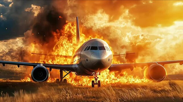A passenger plane crashed and caught fire in a field, copy space. Concept of airplane crash, crash