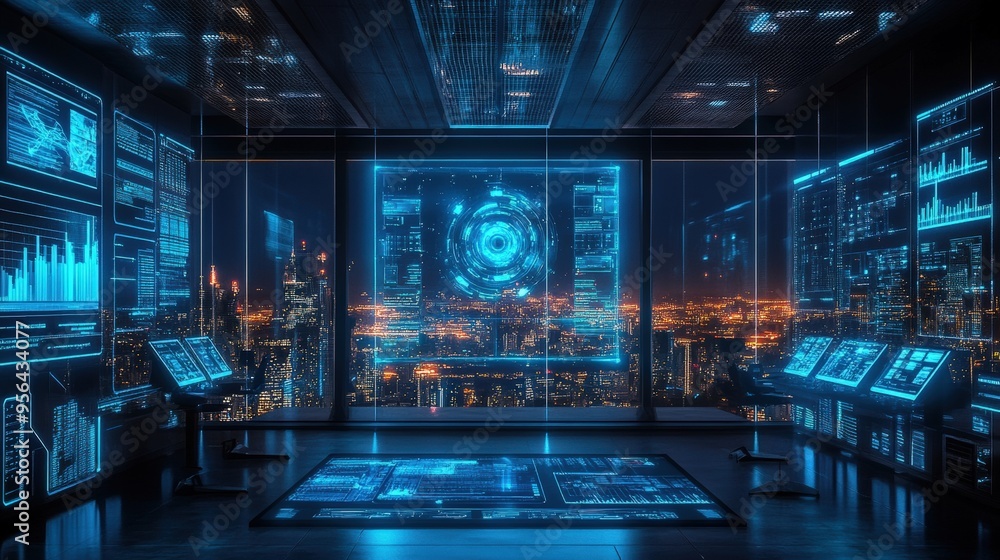 Poster the sleek control room features advanced holographic displays displaying data and analytics while a 
