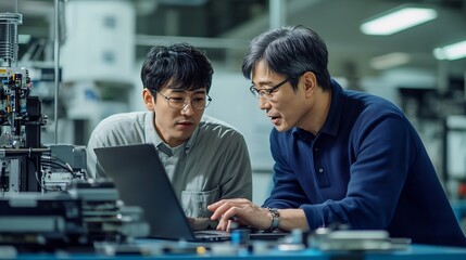 Middle Aged Engineer and Young Japanese Technician Having a Conversation and Using Laptop Computer Specialists Monitoring Analyzing Software Reports at a Modern Electronics Factory : Generative AI