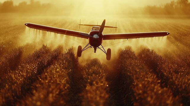 Close up image of crop duster airplane spraying grain crops on a field on a farm : Generative AI