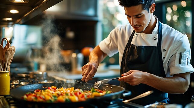 Handsome hispanic chef cooking at kitchen at home : Generative AI