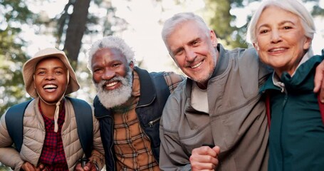 Face, senior or happy people hug in forest for outdoor adventure or journey for travel in nature or woods. Group, hiking or friends on vacation holiday for retirement, portrait or trekking to explore