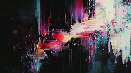 Fototapeta premium A digital glitch effect with fragmented pixels and distorted colors, conveying a sense of disruption and chaos. Background