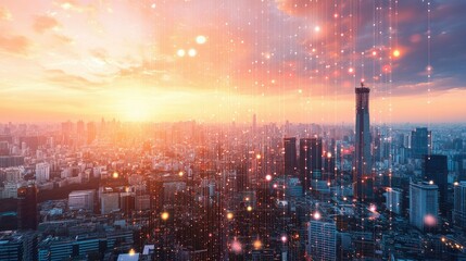 Fototapeta premium A city skyline at sunset with glowing lines connecting buildings.