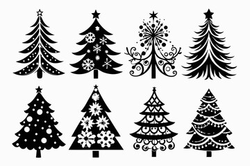 Christmas trees silhouettes set isolated on white background, collection of christmas new year trees vector icon illustration