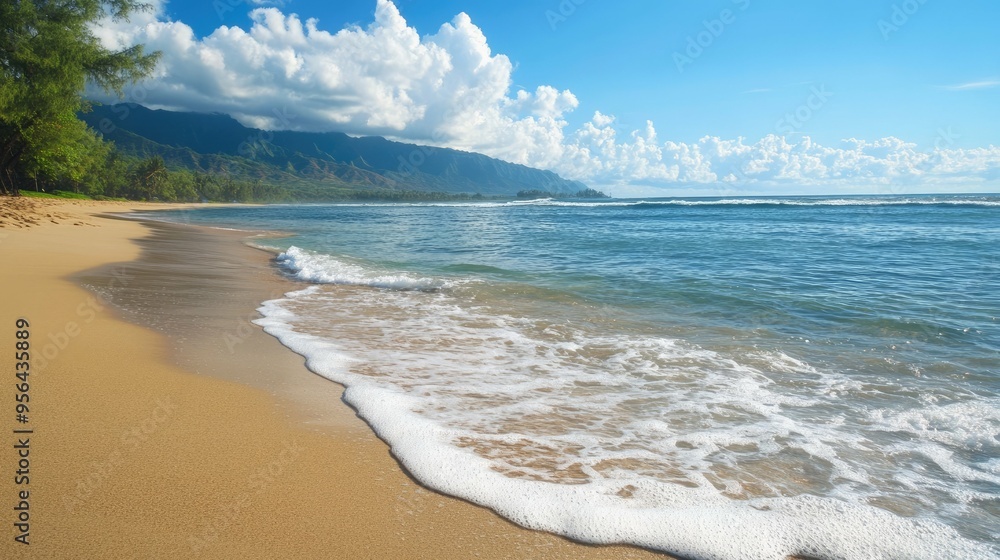 Poster a pristine sandy beach with crystal clear turquoise waters lapping at the shore. the gentle waves cr