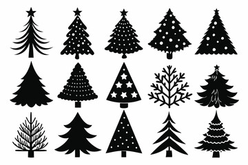 Christmas trees silhouettes set isolated on white background, collection of christmas new year trees vector icon illustration