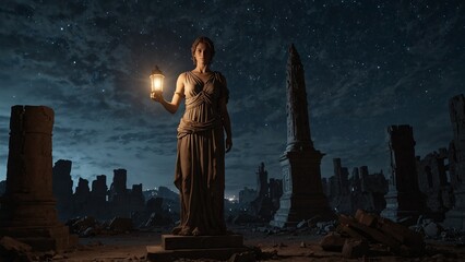 A statue of Cassandra standing among the ruins of a deserted city, holding an extinguished lantern, with a faint starry sky visible in the background.