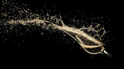 A glass of sparkling wine is poured, creating a dramatic splash and a shower of golden bubbles against a black background.