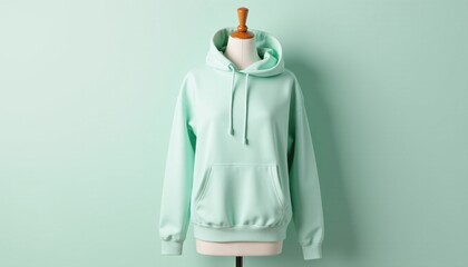 Mockup blank cool mint hoodie with mannequin, soft pastel background