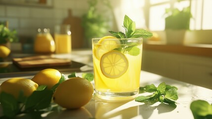 Fototapeta premium A refreshing glass of lemon juice with mint garners summer's essence and invites a cool sip.