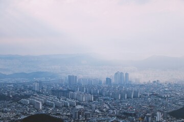 Foggy cityscape in downtown Daegu, South Korea
