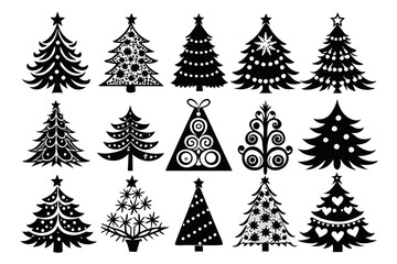 Christmas trees silhouettes set isolated on white background, collection of christmas new year trees vector icon illustration