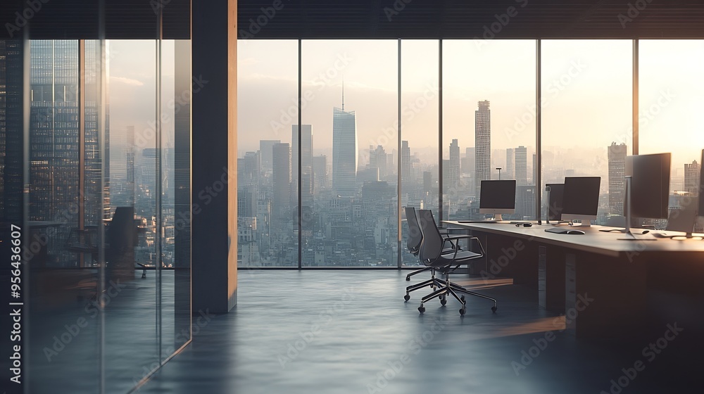 Aufkleber a modern openplan office space filled with natural light from large windows that offer a view of the cityscape The office features a clean minimalistic design with  chairs and computer : Generative AI