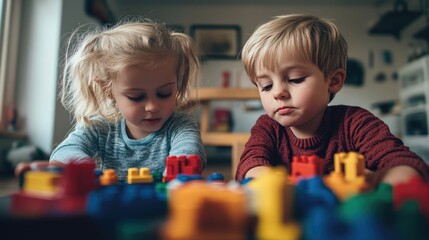 Two young children play with building blocks on the floor, focused on their creation.